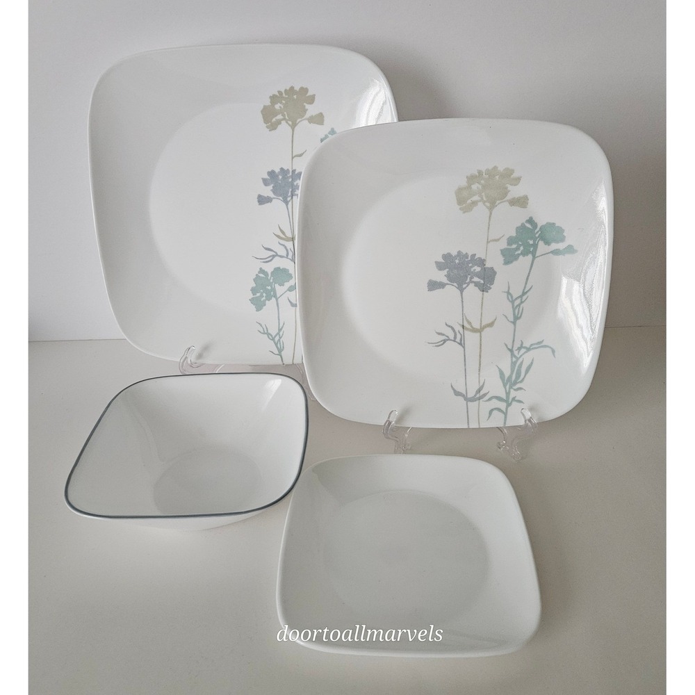 Corelle Vitrelle Paper Shadows Floral Square Plate Set Minimalist Made in‎ USA